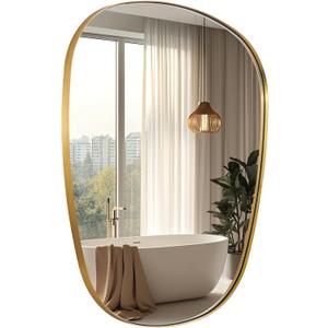 Gold Irregular Mirror, 30"x36" Brass Vanity Wall Mirror for Bathroom, Unique Scalloped Design in Stainless Steel Metal Frame, Ideal for Living Room, Bedroom, Entryway