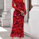 ZESICA Women's Long Sleeve Floral Maxi Dress 2026 Fall Off Shoulder Bodycon Ruched Mesh Cocktail Wedding Guest Dresses (Red, L)