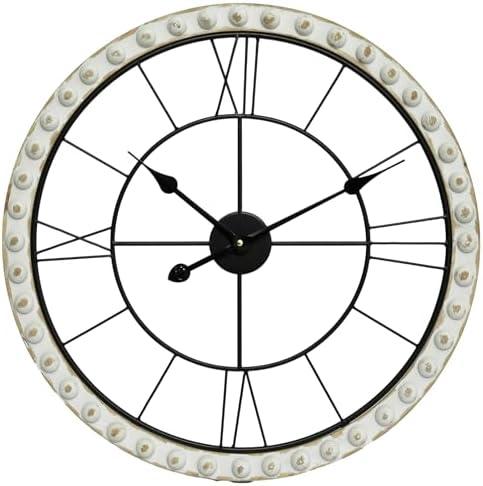 SwallowLiving 24 Inch Wooden Beaded Framed Minimalist Black Metal Wall Clock with Roman Numerals - Elegant Home Decor, Silent Quartz Movement, Perfect for Living Room, Kitchen, or Bedroom
