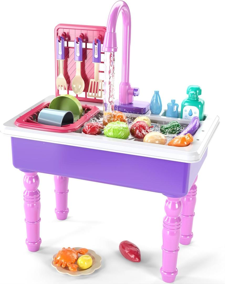 Play Kitchen Sink Toys, Electric Dishwasher Playing Toy with Running Water, Play Food & Tableware Accessories, Kitchen Set Toys, Role Play Sink Set for Toddlers Kids Boys Girls (Pink)