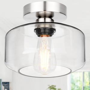 Lynnoland Industrial Semi Flush Mount Ceiling Light Brushed Nickel, Clear Glass Shade Ceiling Light Fixture, Farmhouse Light Fixture for Hallway Corridor Kitchen Bathroom Bedroom Foyer