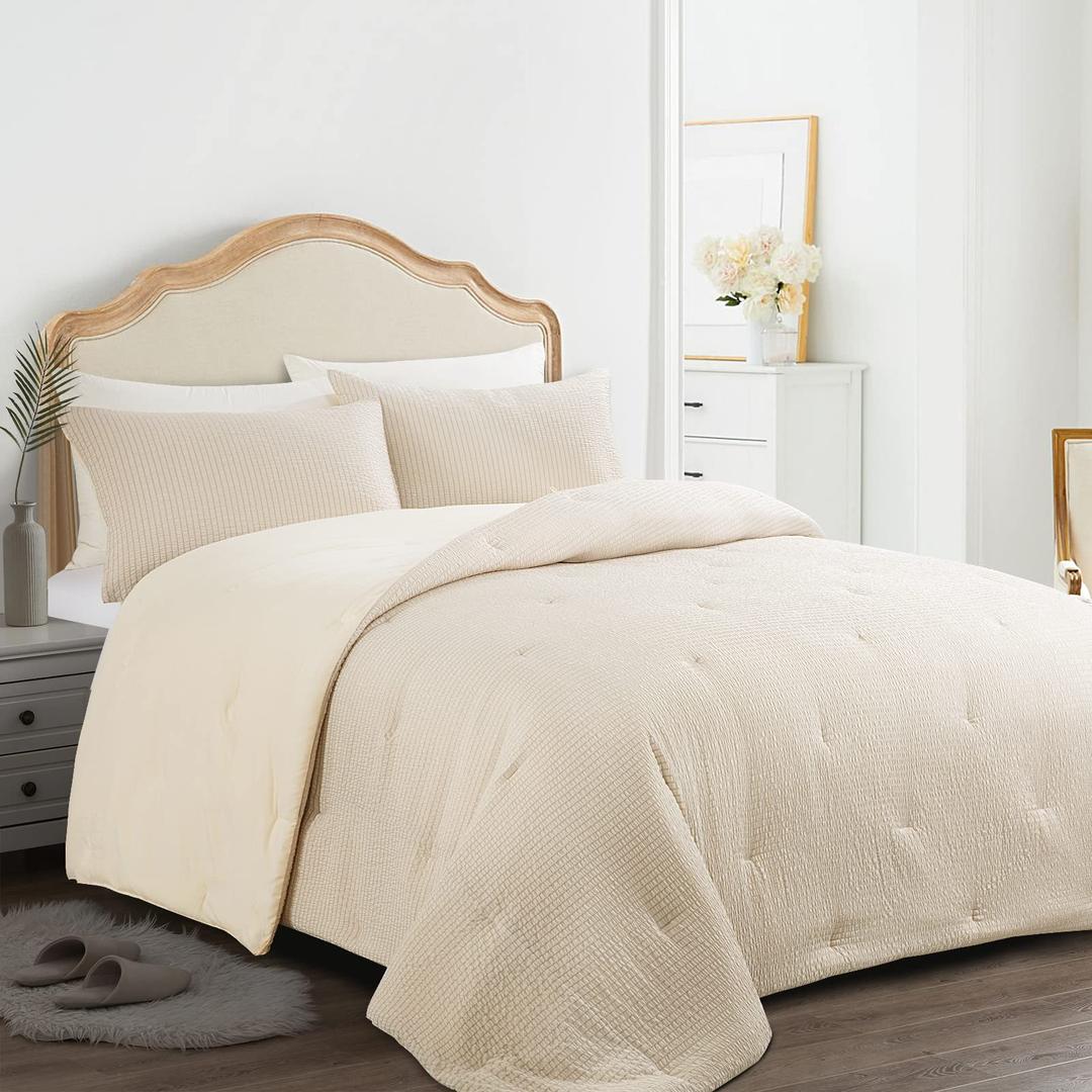 HOMBYS 3 Piece Seersucker Oversized King Comforter Set 120"x120", Breathable Beige Soft Comforter Set, Lightweight Down Alternative Comforter, Bedding Comforter Sets with 2 Pillow Shams for All Season