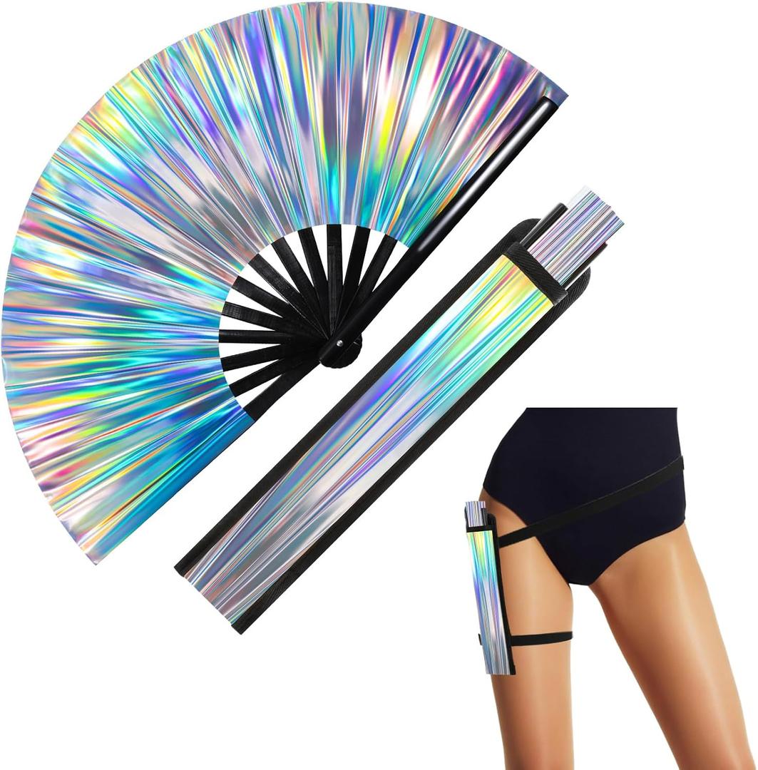 FairySandy Large Rave Fan UV Glow Hand Fan with Thigh Holster for Women Carnival Disco Party Supplies for Carnival Edm Music Festival Club Accessories Performance(Laser,Laser Color)