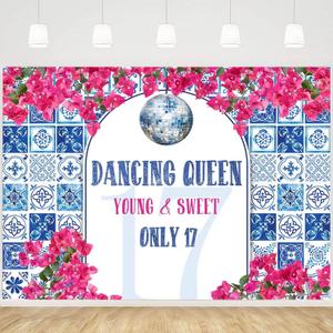 MEHOFOND 6x3.6ft Disco 17th Birthday Backdrop Dancing Queen Young Sweet Only 17 Photography Background Dance Theme Birthday Party Banner Blue Tiles Rose Red Floral Party Photo Props