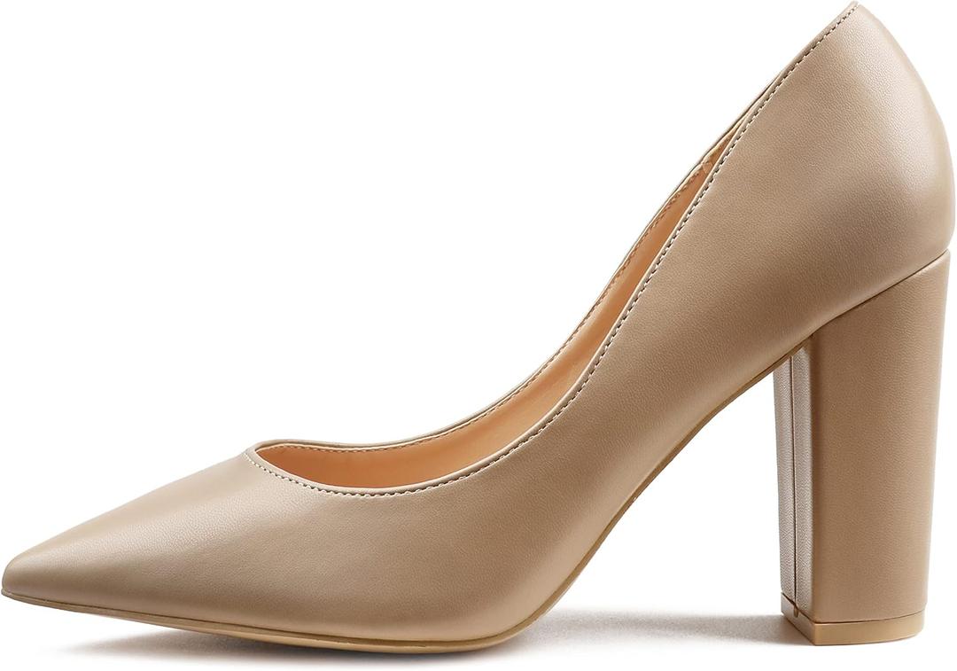 JOY IN LOVE Chunky Heels for Women High Block Heel Pointy Toe Dress Work Pumps (8, Apricot Matte)