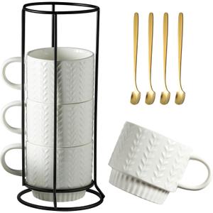 Stackable Coffee Mugs, Coffee Mug Set of 4 with Spoons & Stand, 13oz Espresso Cups for Drinks Latte Cappuccino Tea, Coffee Cup for Housewarming Birthday Gift, Dishwasher Safe, White