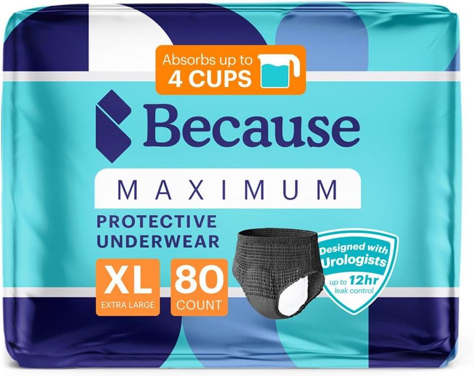 Because Premium Maximum Absorbency Adult Incontinence and Postpartum Bladder Leak Underwear for Women, Heavy Absorbency, Disposable, Black, XLarge, 80 Count (4 Packs of 20)