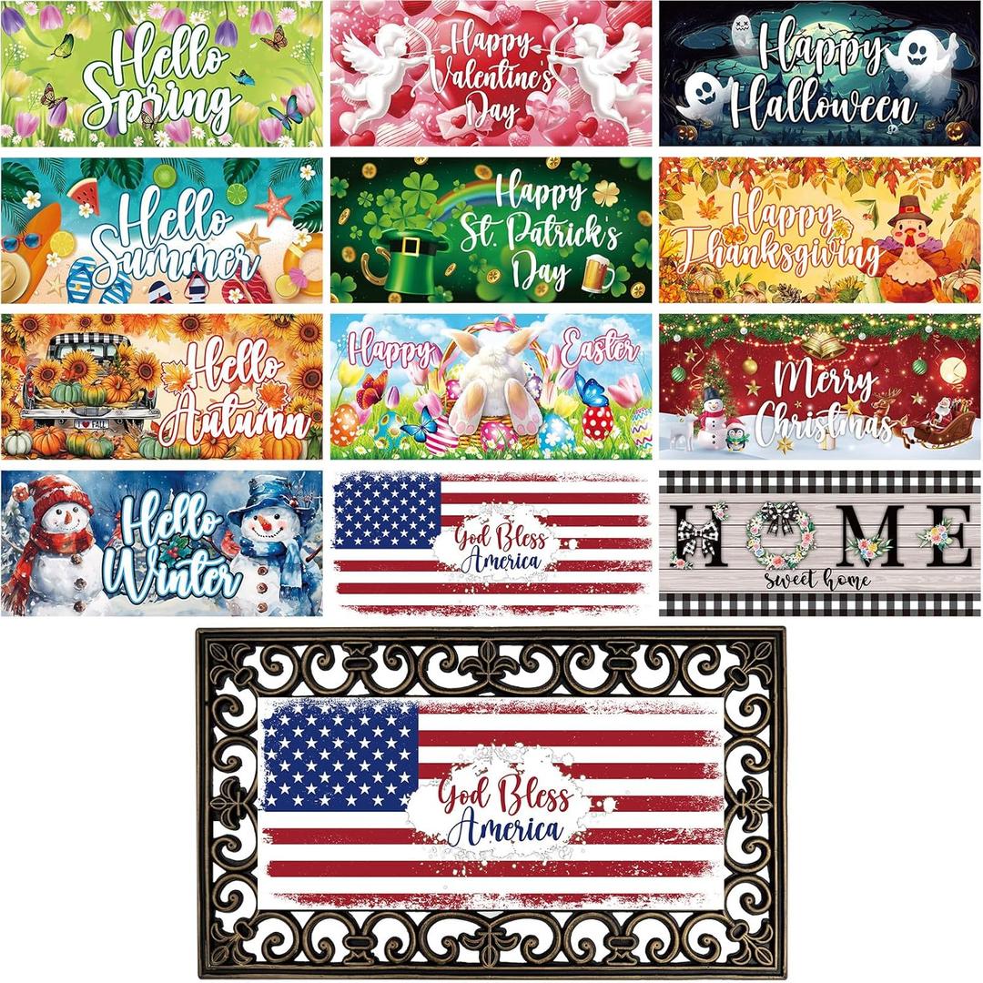 Tangren 12Pcs Doormat Inserts Seasonal Entrance Doormats Interchangeable Welcome Doormats Welcome Mat Outdoor for Fall Christmas Front Door Outdoor Indoor 22in x 10in All Season and Holiday