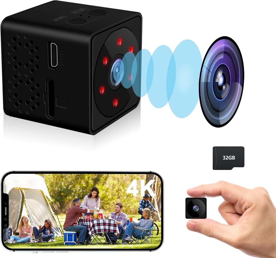 Mini Security Camera, WiFi or No WiFi Optional, 4K Spy Camera, Small Cameras for Home Security with Pre-Installed 32GB TF Card, Wide-Angle, Night Vision, for Indoor Outdoor(Black)
