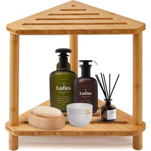 Bamboo Corner Shower Stool,2-Tier Waterproof Shower Stool for Inside Shower Shaving Leg,Small Spaces,Shower Foot Rest with Storage Shelf,Shower Bench,Bath Seat,Corner Nightstand gift for women mom