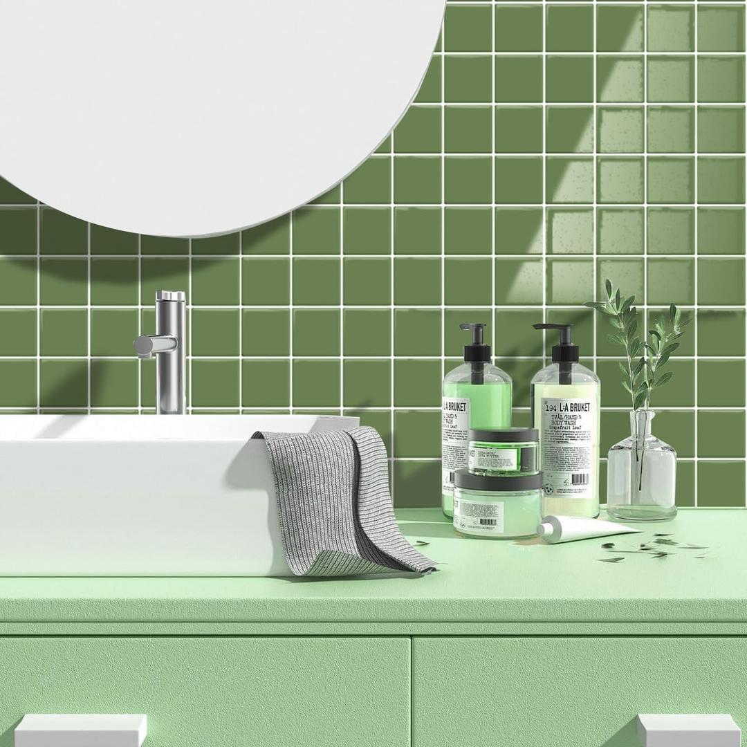 Alwayspon 10 Sheets 10"x10" Green 3D Vinyl Backsplash Tiles, Self-Adhesive Peel and Stick Wall Tile Stickers Stick on Subway Tiles for Kitchen Bathroom Wall