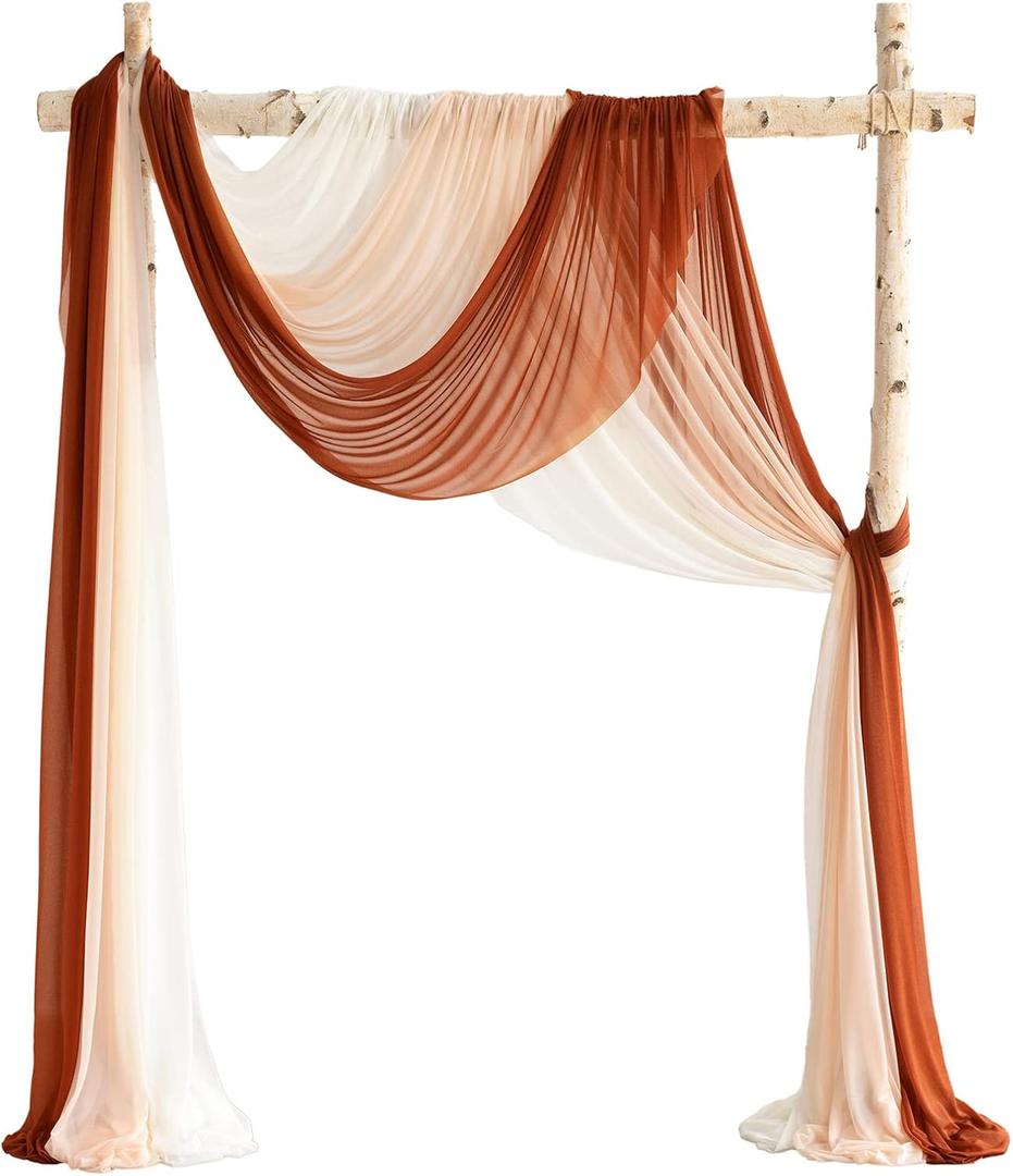 Ling's Moment Deluxe Wedding Arch Draping Fabric, Easy Hanging Chiffon Sheer Drapes, Wrinkle Arbor Backdrop Durable Wedding Decorations for Ceremony Outdoor 3 Panels Curtain,26ft,Rust & Sepia