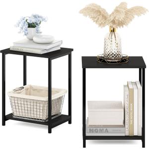 Furinno SIMPLISTIC Side Table Set of 2, 2-Tier Modern Metal Frame End Table with Open Shelf, Night Stand, Bedside Table, Easy Assembly, for Living Room, Bedroom, Espresso
