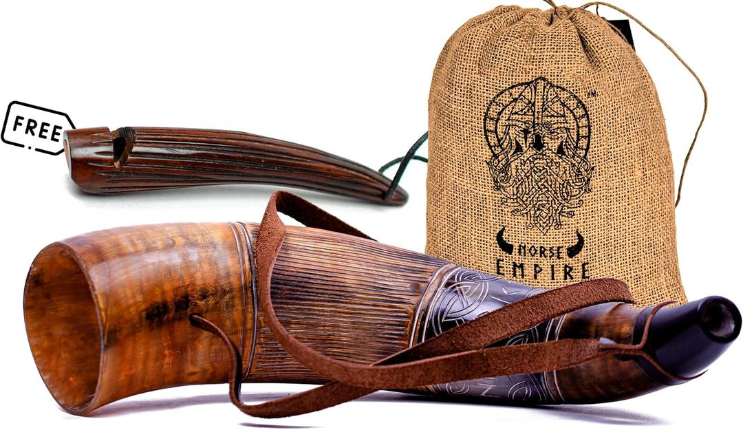 Viking Blowing Horn with Whistle - Handcrafted Ox horn Bugle - Loud Sound - Norse Cosplay, Festivals, Ceremonies - Medieval Horn Instrument (Brown)