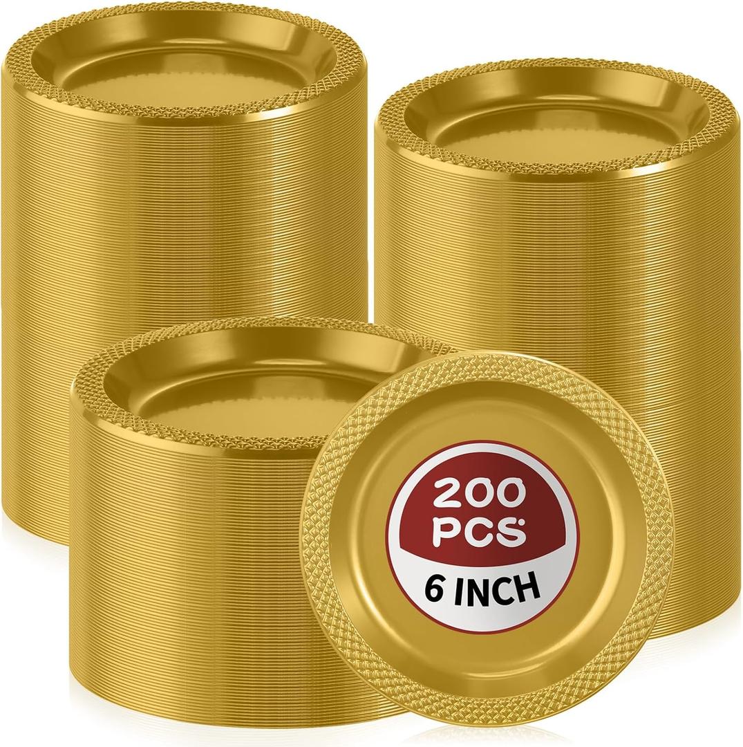 200 Pcs Gold Plastic Dessert Plates 6 Inch Round Gold Disposable Plates Heavy Duty Wedding Dinner Tableware for Birthday Party Dinner Picnic Salad, Appetizer Party Supplies