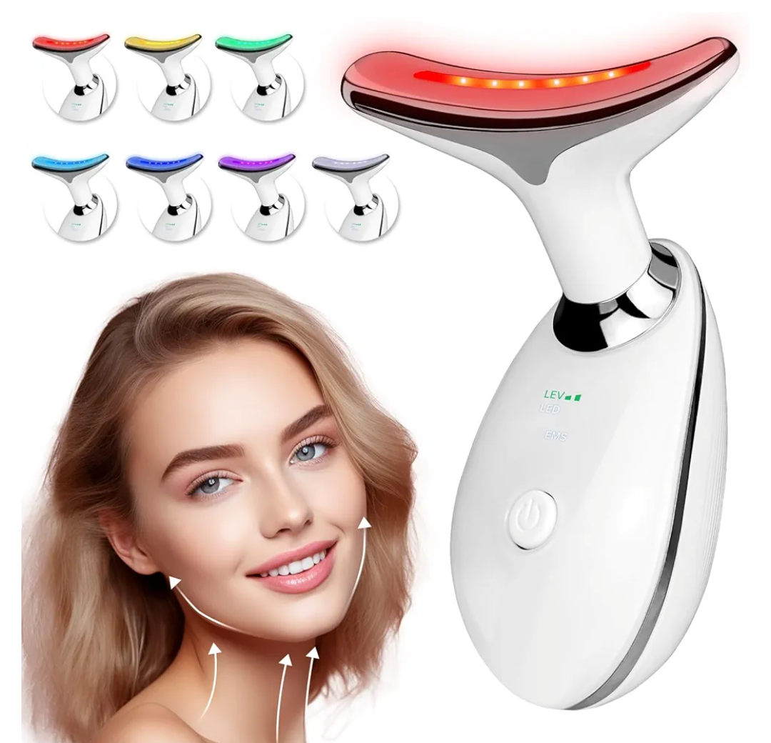 Face Neck Massager with 7-Color Light Modes for Skin Care,Tightening,Smoothness - Red LED Light Therapy Device Triple-Action Beauty Tool