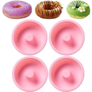 4 Inches Silicone Donuts Pan Set, 4 Pieces Non-stick Pastry Molds Cake Baking Molds for Bagel and Doughnut Cake Pans (Pink)