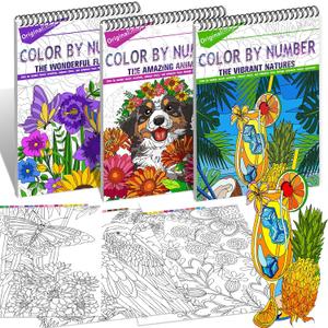 Color by Numbers Adult Coloring Books, 3Pcs Color by Number Coloring Books for Adult Relaxation, Anxiety Relief Mindfulness Gifts, Brain Activity Game for Adults (Flowers & Natures & Animals)