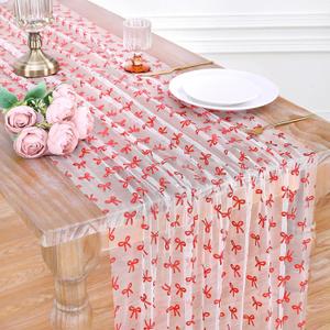 Beige Red Cheesecloth Table Runner 10FT Sheer Chiffon Mesh Runner, 29 x 120 Inch