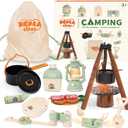 Kids Camping Toys Set - Pretend Play Camping Set with Food Toy, Spray Stove, Oil Lantern, Binoculars, Compass, Tableware, Watch & Storage Bag, Birthday for Ages 3+