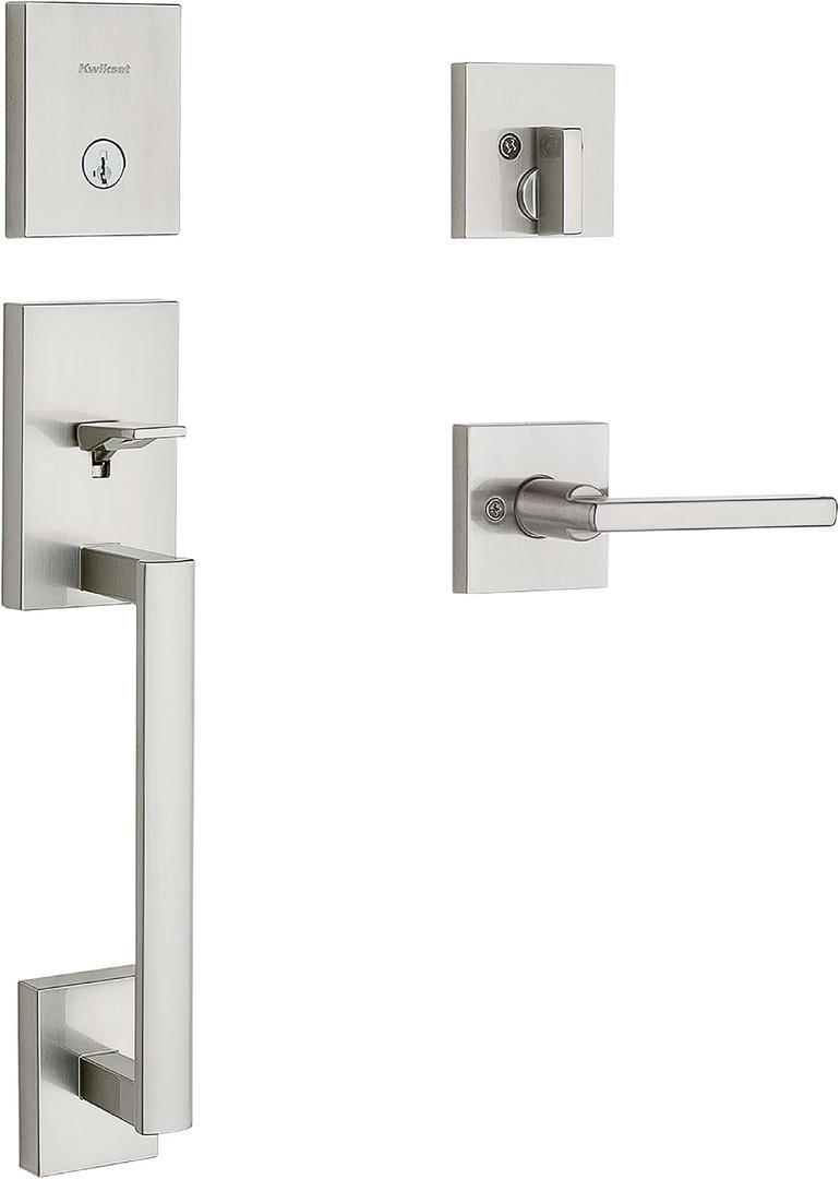 Kwikset San Clemente Front Door Lock Handle and Deadbolt Set, Entry Handleset Exterior with Interior Reversible Lever, Satin Nickel, Pick Resistant SmartKey Rekey Deadbolt Security