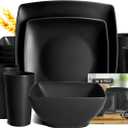 Teivio 16-piece Plastic Wheat Straw Square Dinnerware Set for 4, Unbreakable Dinner Plates, Salad Plates, Snack Bowls, Tumblers 13.5 oz, Dishwasher Safe, Black Matte
