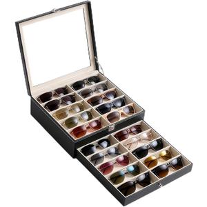 20 Slots PU Leather Sunglasses Organizer Jewelry Box,Multiple Pairs of Large Sunglasses Case Holder with Clear Lid (Black)