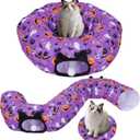 Tidjani Cat Tunnel Bed, Cat Tunnels for Indoor Cats, Foldable Pet Donut Bed with Washable Mat and Dangling Balls, Pumpkins Spider Candy Pattern, Purple Pet Tube Toys Gifts for Kitten, Puppy, Rabbit