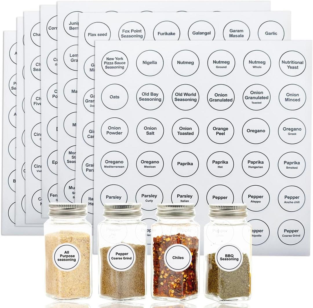 Spice Labels, 432Pcs Spice Labels Stickers 1.4in Waterproof Adhesive Round Preprinted Spice with Blank Label Black Tear Resistant Sticker for Kitchen Jars Caps Food Containers Organizers (White)