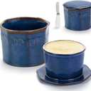 9.8oz Butter Crock for Counter with Water Line, Large Capacity French Butter Dish with Lid & Spreader, Ceramic Butter Keeper for Spreadable Soft Butter ( Blue )