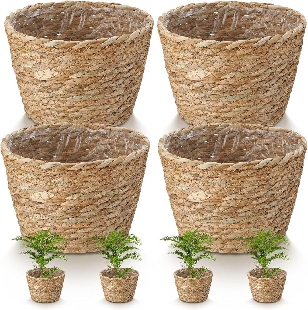 4 Pcs Straw Plant Baskets Indoor Rattan Woven Flower Baskets with Plastic Liner, Cattail Plant Planter for Indoor Outdoor Rustic Boho Home Farmhouse Floor Potted Pots Decor