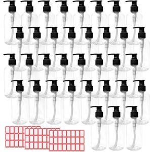 35 Pcs 10 oz Plastic Pump Bottle Dispenser with Labels, Empty Lotion Clear Bottle with Pump Portable Refillable Travel Container for Hand Soap Lotion Shampoo Body Wash Conditioner