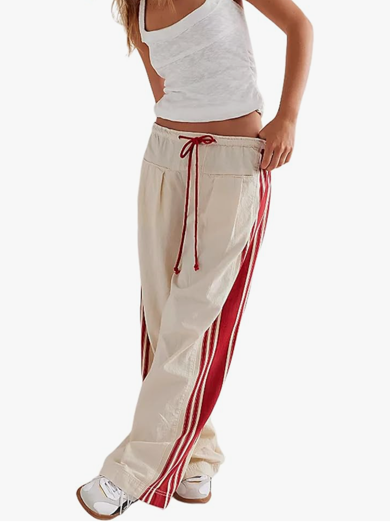 Hongsui Women's Wide Leg Pants Drawstring High Rise Side Striped Slouchy Palazzo Pants with Pockets, Size S