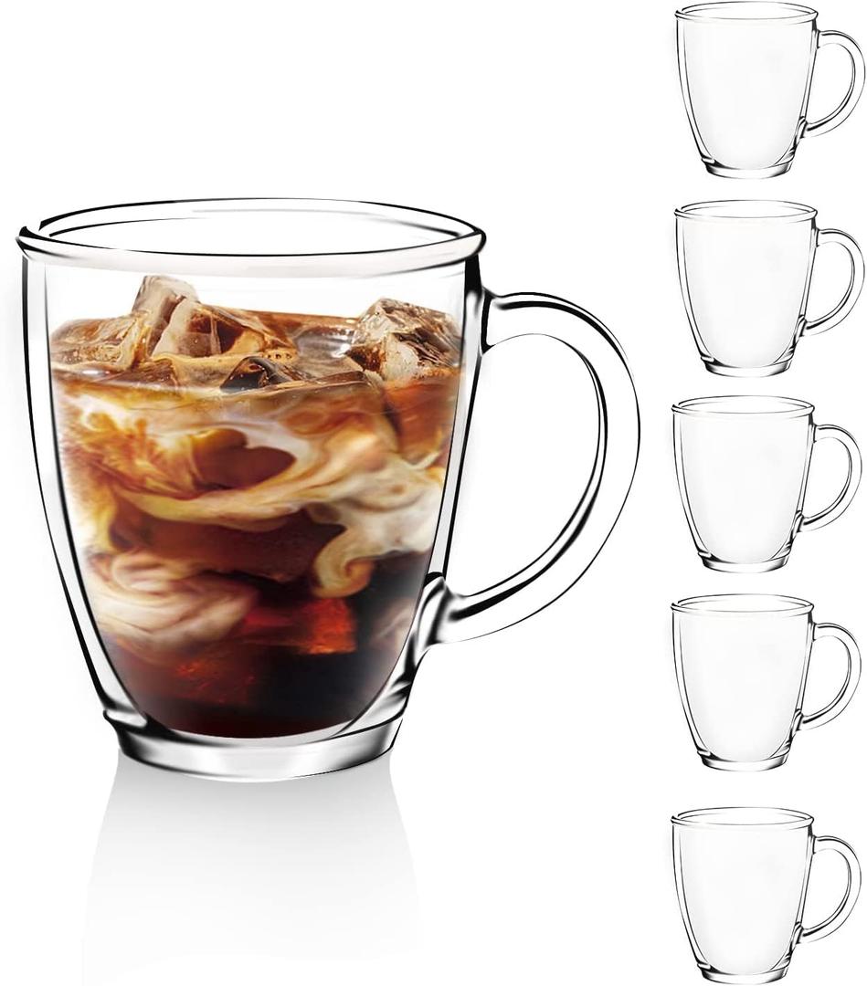 D.M DESIGNMASTER [6 PACK,12 OZ - Premium Glass Coffee Mugs with Handle. Transparent Tea Glasses for Hot/Cold Beverages, Perfect Design for Americano, Cappuccino, Tea and Beverage.