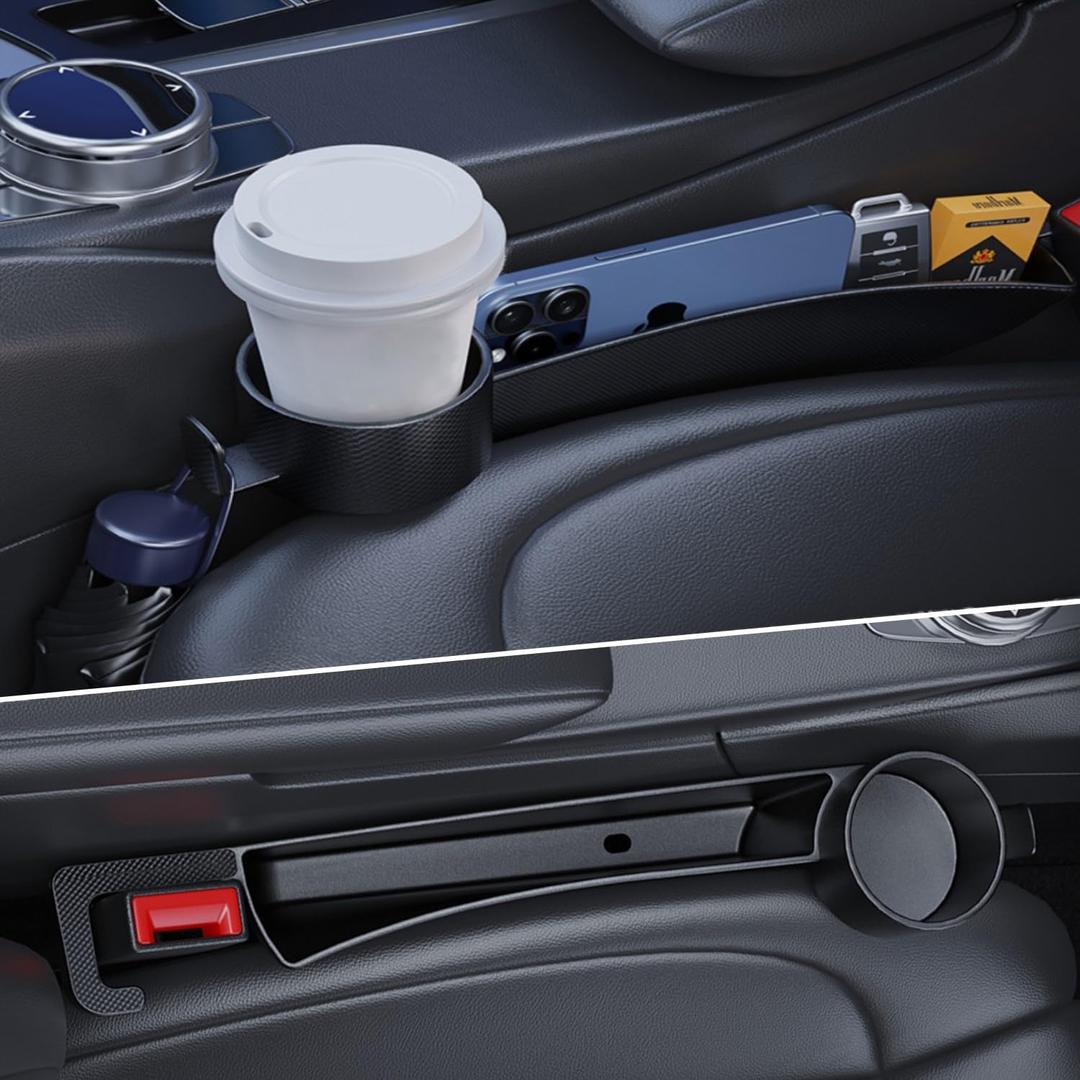 Car Seat Gap Plug with Storage Slot, Auto Gap Filler Organizer with Cup Holder, Universal Carseat Side Gap Filler Strip 2 Pack Between Front Seats & Console, Anti-Drop Pad with Seatbelt Holes, Black
