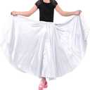 Girls Stretched Shiny Satin Flowy Long Skirt for Belly Dance Flamenco (8-12 Years, White)