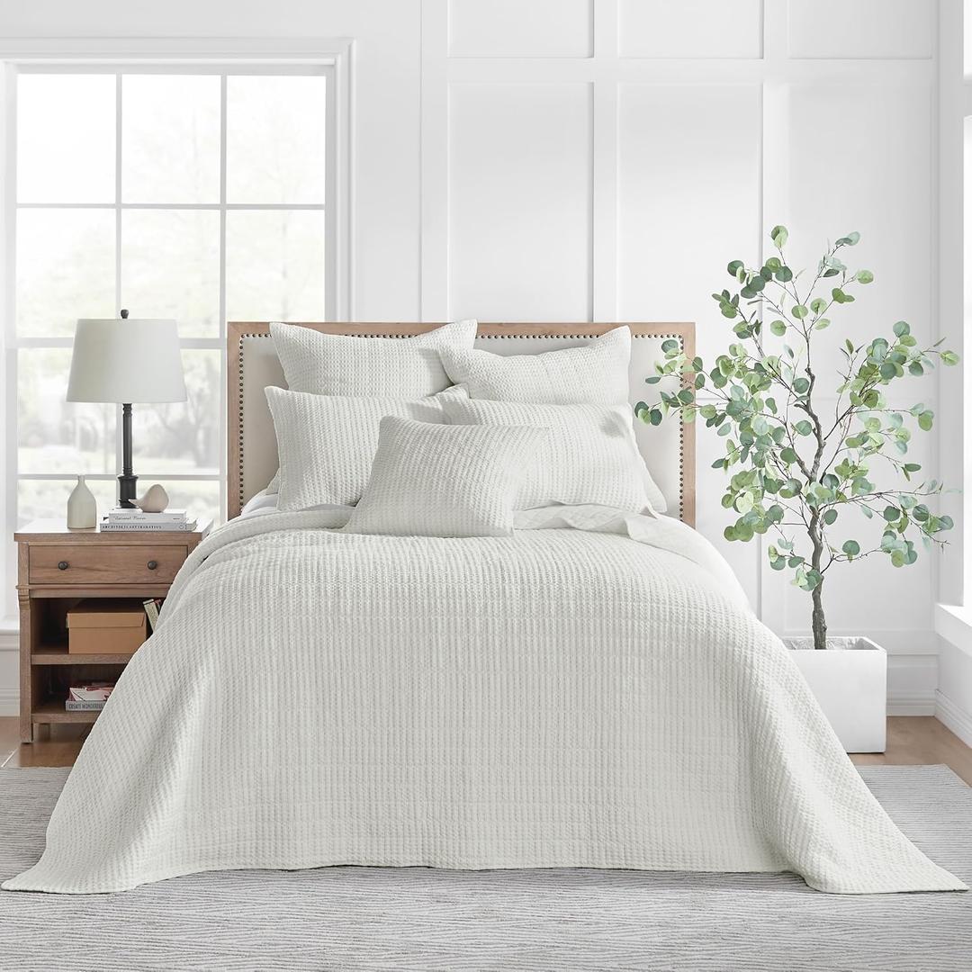 Levtex Home - Mills Waffle - King Quilted Bedspread Set - Cream Cotton Waffle - Bedspread Size (122 x 106in.), Sham Size (36 x 20in.)