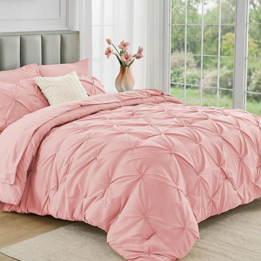 JOLLYVOGUE Queen Comforter Set 7 Pieces - Bed in a Bag Queen for All Season, Pintuck Bedding Comforter Sets with Comforter, Flat Sheet, Fitted Sheet and Pillowcases & Shams, Pink