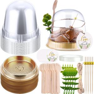 SiliFine 50 Sets Disposable Individual Charcuterie Cups with Lids Clear Plastic Cupcake Container Gold Cocktail Picks Appetizer Disposable Wooden Forks for Wedding Birthday Dessert Display