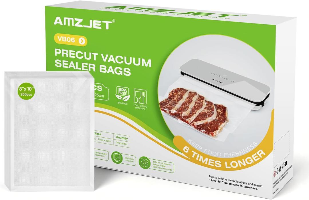 Vacuum Sealer Bags for Food, 200 Count, 8" x 10" Pre Cut Vacuum Seal Bags, BPA Free Embossed Food Saver Vacuum Sealer Bags for Freezer Storage, Meal Prep, Sous Vide, Heavy Duty Commercial Grade