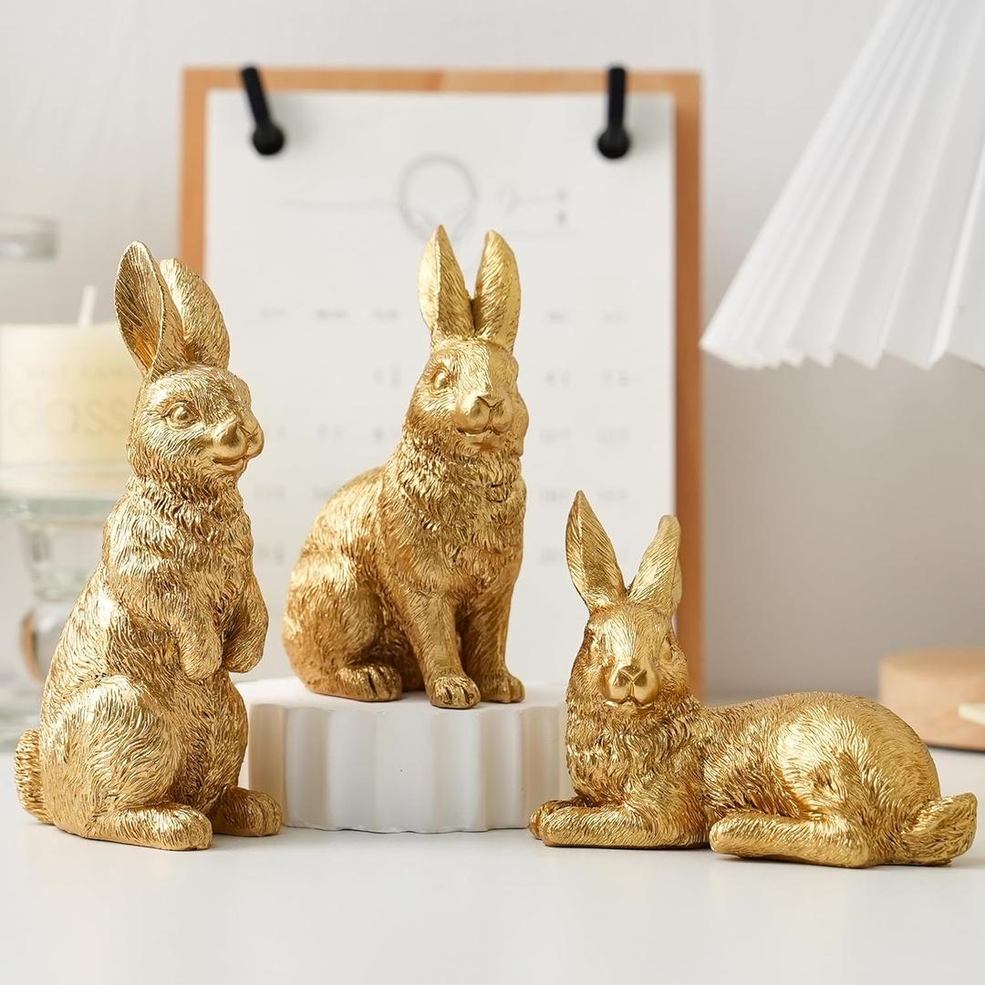 AOMOONOA Gold Bunny Decor, Easter Rabbit Figurines Set of 3, Resin Rabbit Statues, Golden Bunnies for Spring Tabletop Centerpiece, Mantle Shelf Decor (Gold With Textured Fur)