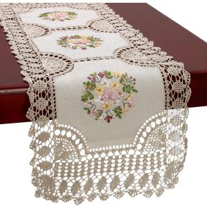 Grelucgo Small Handmade Crochet Cotton Lace Table Runner Dresser Scarf, Ribbon Embroidery (Rectangle 16 x 36 inch)