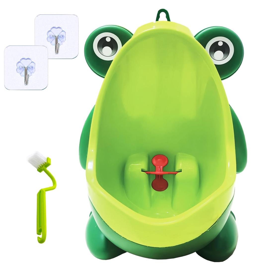 Frog Pee Training with Brush and Hooks, Green Cute Potty Training Urinal,Potty Training Toilet for Boys Kids Toddler with Funny Aiming Target,Frog Shape Pee Trainer