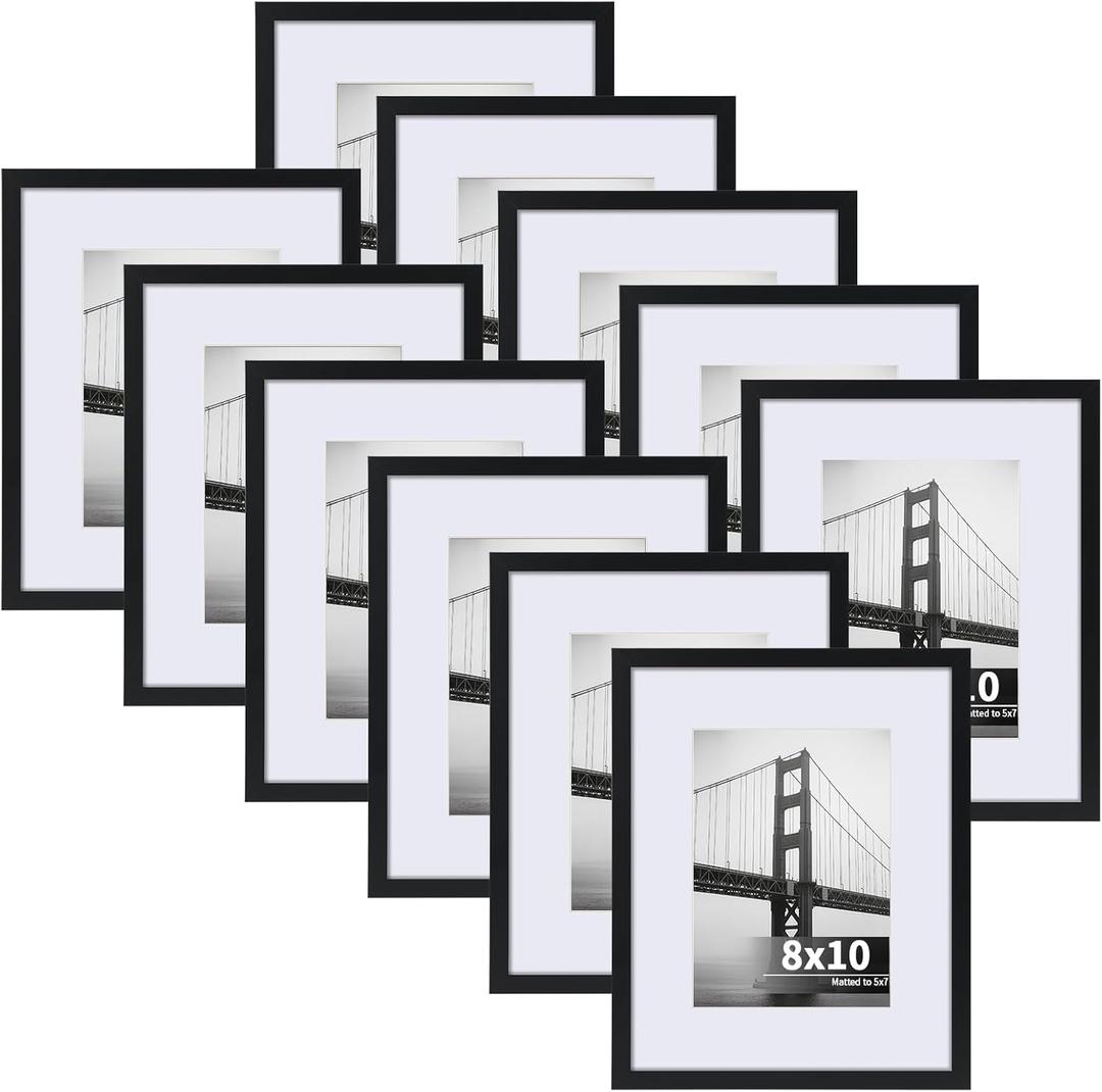 CRUGLA 8x10 Picture Frame Set of 11, Display Pictures 5x7 with Mat or 8x10 Without, Multi Photo Frames Bulk, Wall and Tabletop Display, Black
