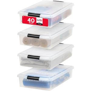 IRIS USA 40 Qt Plastic Under Bed Storage Nestable Organizer Bin Container with Secure Lids and Durable Buckles, 4-Pack, Under Bed Storage Containers for Clothes Shoes Bedding, Black/Clear