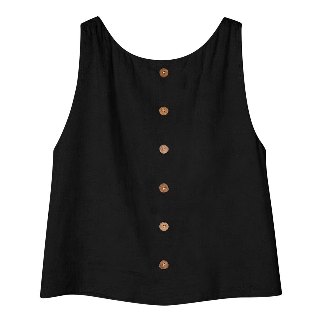 Womens Fashion Solid Color Cotton Round Neck Sleeveless Button Front Blouse for Summer Outings Gift, Medium