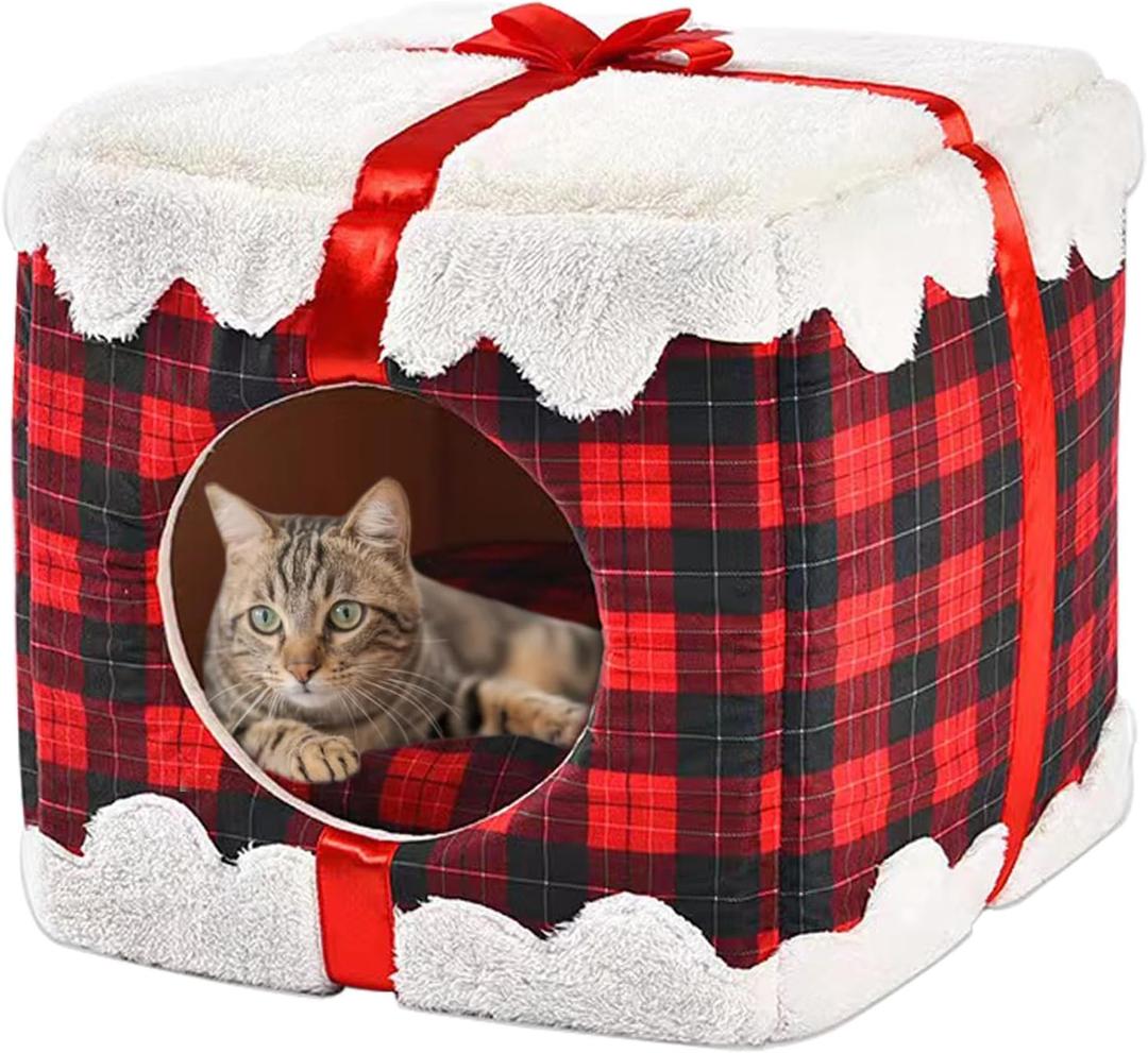 Cat Bed for Indoor Cats Cube House, Gift Box Cat Beds House for Kittens and Small Animals, Portable Warm Covered Cat Cave Beds for Christmas, Cat Hideaway Beds, Red
