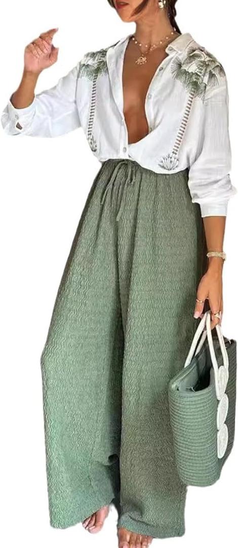 Womens Print Outfits Long Sleeve Lapel Loose Top Pleated Lace Up Pants Casual Outdoor Sets (X-Large, White)
