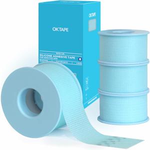 OK TAPE Silicone Medical Tape (4 Rolls) for Sensitive Skin,Waterproof Surgical Tape for Secures Dressings and Gauze,Pain-Free Removal Micropore Tape, First Aid Bandage Tape,1" x 5yd,Blue