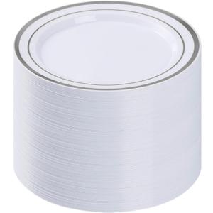 BESTVIP 100PCS Silver Plastic Plates, 10.25 Inch Disposable Dinner Plate Party with Silver Rim for Christmas, Thanksgiving, Heavy Duty Disposable Plastic Plates for Party, Wedding and Birthday, Events